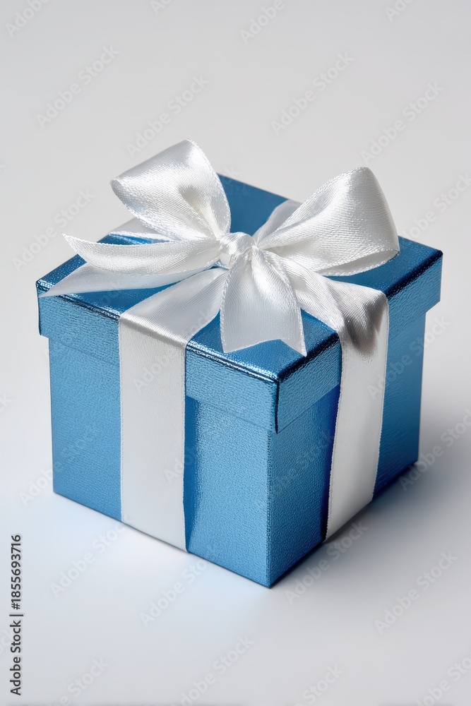 Obraz premium Blue open gift box with white satin bow on a pristine white background