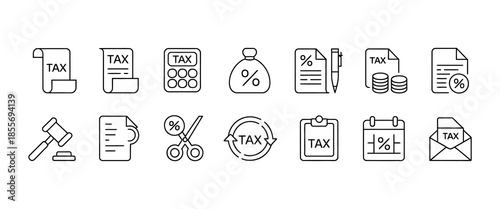 tax icon set featuring financial document symbols, calculator graphics, money bag illustrations, and revenue growth charts for accounting software and business banking applications.