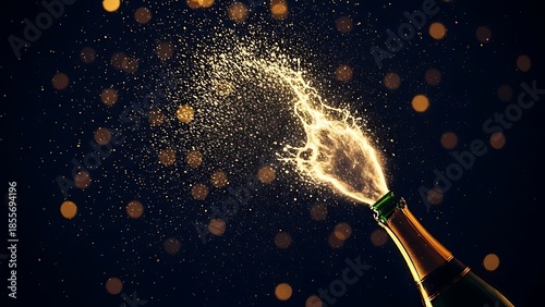 Champagne Bottle Sparkling on Dark Background with Bokeh Lights