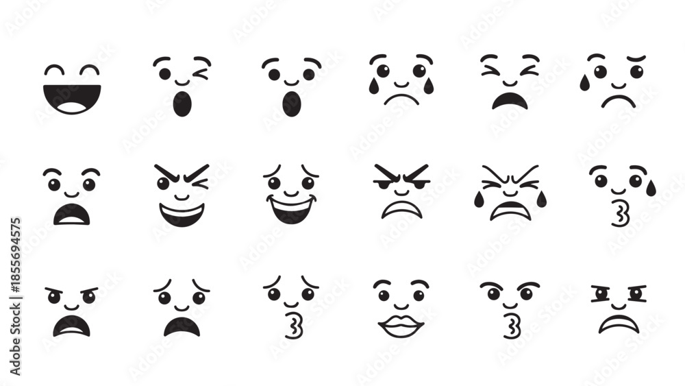 Obraz premium Collection of simple black and white emoji faces showing various emotions isolated on a white background.