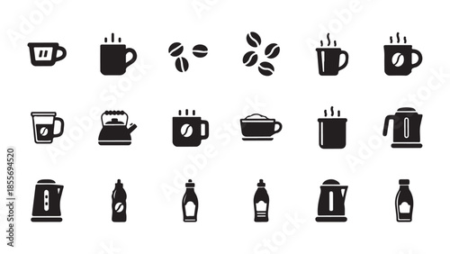 Collection of simple black icons representing coffee and tea related items and beverages