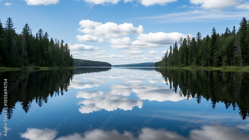 Fototapeta premium Serene Lake with Clear Reflection of Sky and Trees