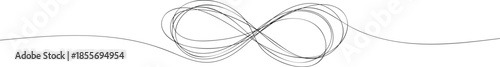 One continuous line drawing of Infinity symbol. Abstract continuous line drawing forming a messy infinity symbol, symbolizing endlessness and connection. A minimalist, black and white abstract illustr