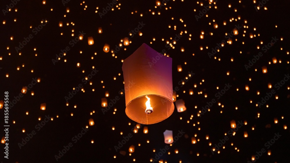 Obraz premium Sky lantern floating in the dark night sky, Tourist floating sky lanterns, Sky lanterns floating on night of Yi Peng, Loy Krathong Festival or Yi Peng Festival in Chiang Mai Thailand.