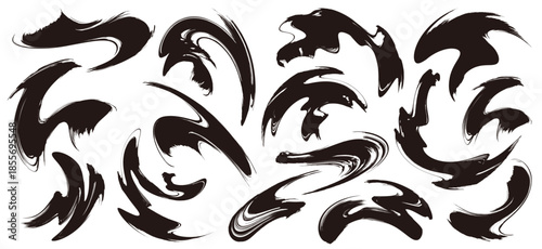 墨絵風 抽象ブラシストローク集。ダイナミックな黒インク表現。