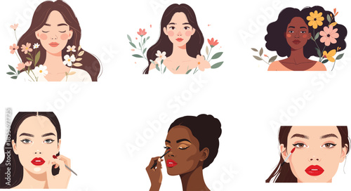 Modern Beauty Diverse Women Portraits with Floral Accents and Makeup Artistry Illustrations for Versatile Backgrounds