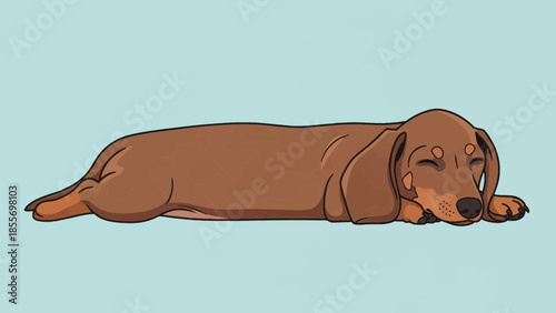 An adorable cartoon illustration of a sleepy dog lying down on a  blue light background.