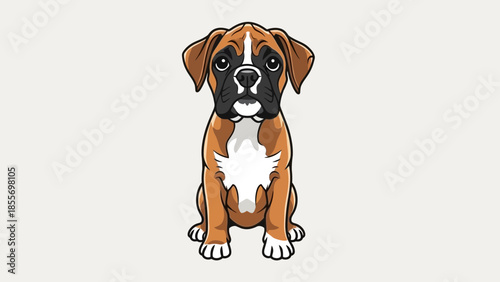 A cute cartoon dog with tan stands on a plain background, looking forward.