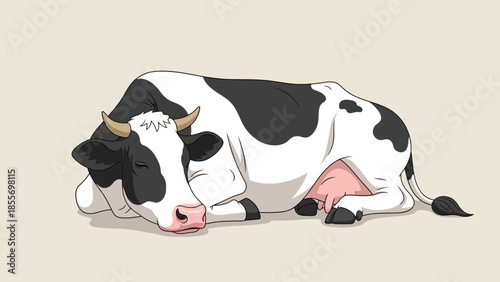 An illustration of a black and white dairy cow lying down and sleeping peacefully.