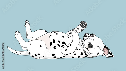 A cute cartoon Dalmatian puppy lies on its back with paws up, looking playful and happy on a light blue background.