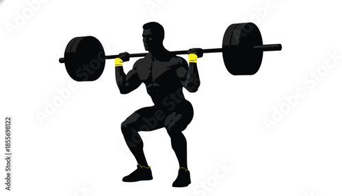 Muscular Man Lifting Weights in Squat Position Isolated on White