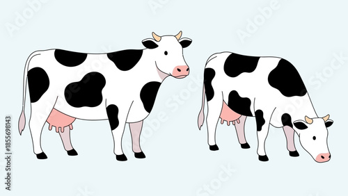 Two cartoon black and white dairy cows, one standing and one grazing, on a light blue background.