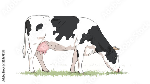 A detailed illustration of a black and white Holstein dairy cow grazing on green grass.