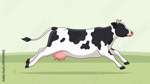 An illustration of a black and white dairy cow running.