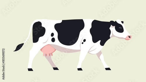 A black and white Holstein cow with an udder walking, depicted in a flat illustration style on a plain background.