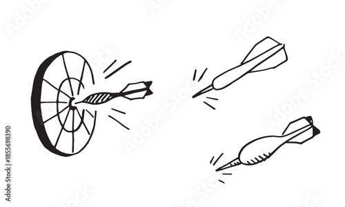 Hand drawn dart and target doodle.