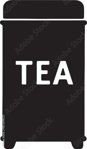 Black Silhouette of a Tea Canister with White Text TEA on White Background container