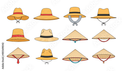 Flat vector farmers gardening hats set with straw and Asian conical styles isolated on white background