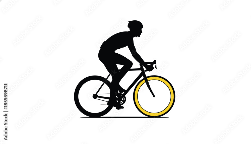 Fototapeta premium Cyclist Riding Bicycle with Yellow Wheel on White Background