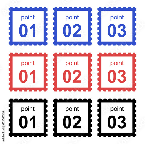 ポイント 01、02、03 の数字が入った切手風フレームのアイコンセット。青、赤、黒のスクエア型ベクター素材。箇条書きや手順の説明、ウェブデザインのアクセントに最適な見出しラベル。