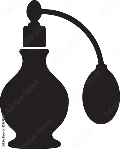 Black silhouette of an antique perfume bottle with a bulb atomizer fragrance scent