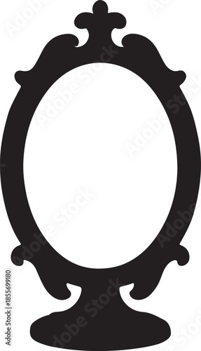 Black silhouette of an ornate oval vanity mirror on a stand vector illustration