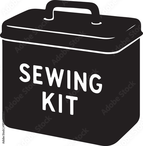Black silhouette of a sewing kit box with white text container case