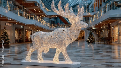 Sparkling illuminated reindeer sculpture graces a festive shopping mall adorned with warm holiday lights