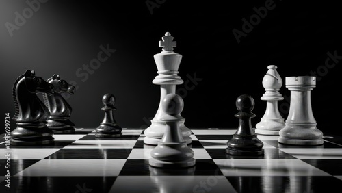 Dramatic black and white chess game setup with king and queen in focus, strategy and competition concept