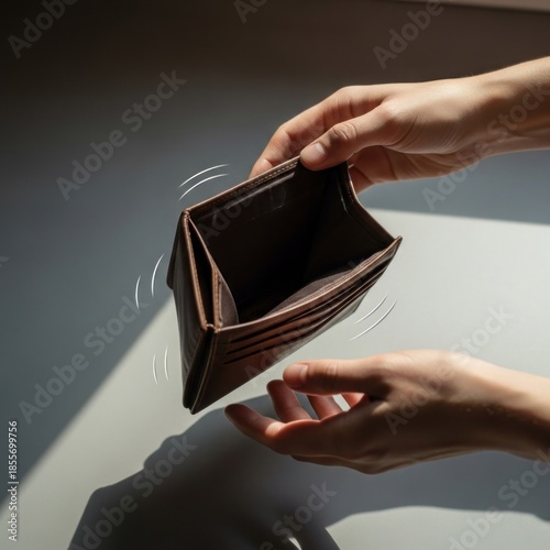 Two hands hold open a brown wallet, implying a lack of money with dynamic motion lines