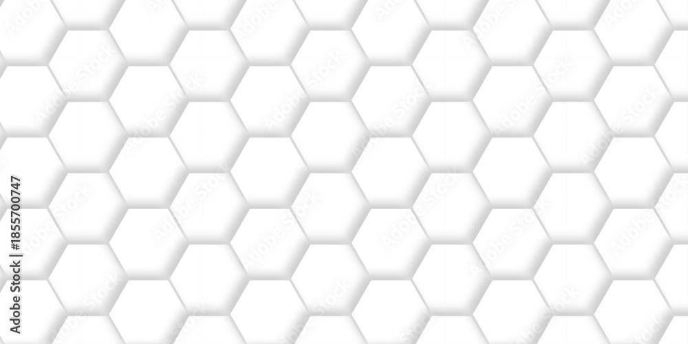 Fototapeta premium Abstract emboss paper hexagon geometric creative mosaic. white hexagon technology. vector grid honeycomb soccer hexagonal cell structure tile mess. texture emboss bee background.