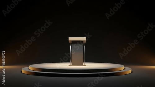 A sophisticated and modern podium on a circular stage, illuminated by spotlighting, ready for a presentation or speech in a dimly lit, elegant setting