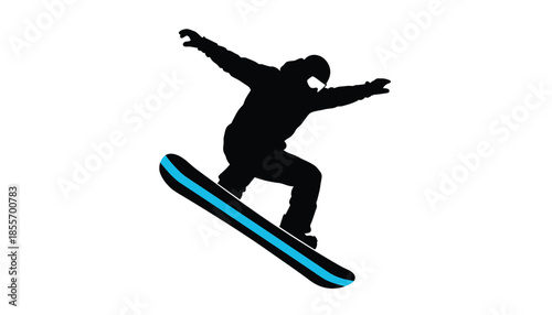 Snowboarder Jumping High on Blue Snowboard Isolated on White