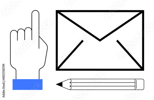 Communication, messaging, digital interaction, email services, content creation, feedback. Hand pointing up, envelope and pencil in minimal line art. Communication and messaging concept