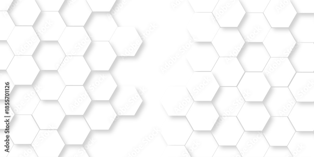 Fototapeta premium Abstract emboss paper hexagon geometric creative mosaic. white hexagon technology. vector grid honeycomb soccer hexagonal cell structure tile mess. texture emboss bee background.