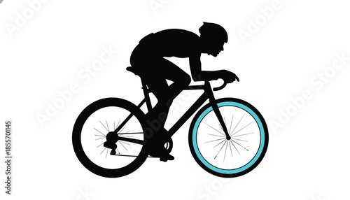 Cyclist Riding Bicycle with Blue Accent on White Background