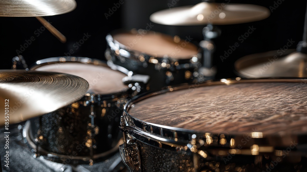 Obraz premium Closeup of fragment drumset with chrome hardware and wooden shells in sharp detail