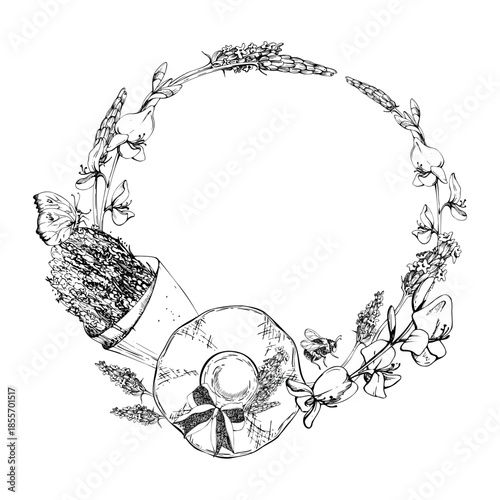 Straw sunhat with ribbon bow, cone-wrapped lavender lavandula bouquet, flying butterfly bumblebee. Isolated wreath frame illustration hand drawn in vector ink. Cosmetics label, home fragrance gifts