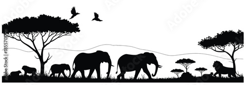 savannen panorama als schwarze silhouette mit akazienbäumen, wildtieren und einer weiten horizontlinie für afrika reise flyer, umwelt konzepte und kreative grafik design projekte.