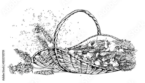 Woven wicker trug basket of lavandula lavender, spartium Spanish broom with hovering bumblebee, dots splashes. Isolated illustration hand drawn in vector ink. Eco box, beauty packaging, home wellness