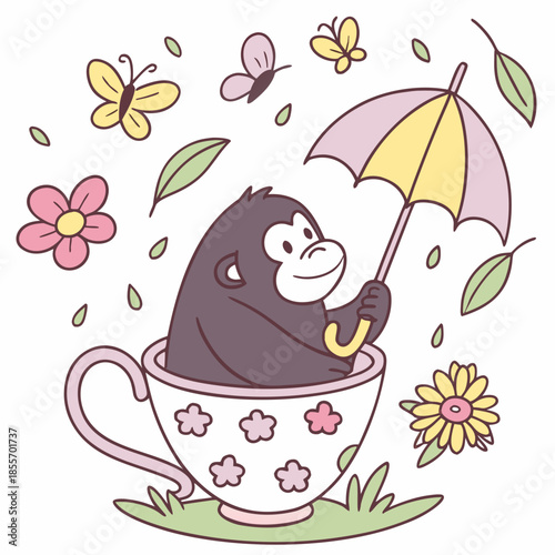 Blooming Renewal colored Gorilla with a Funny touch, placed in a Spring theme and styled with in a teacup
