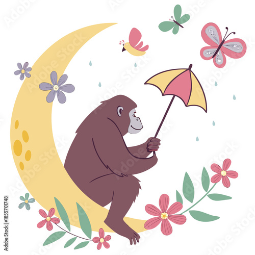 Cute Content Gorilla, accessorized with sitting on a moon, in a Spring world – Blooming Renewal palette vector