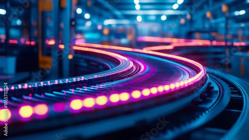Automated Production Line Conveyor Curve Illuminated by Neon Magenta and Cyan Light in Futuristic Factory