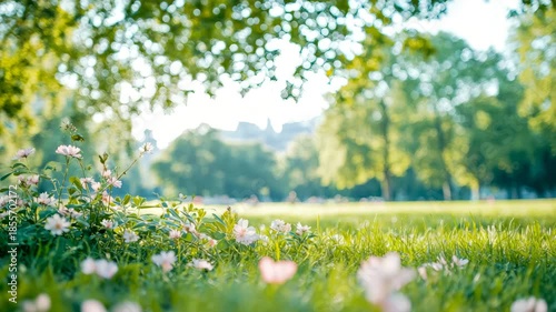 Low Angle Meadow Bloom in Bright Sunlight with Urban Skyline Haze and Abstract Leafy Canopy Bokeh
