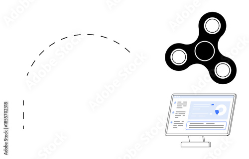 Gamification, technology, playtime, motion concept, data visualization, interaction. A fidget spinner and computer screen with analytics. Gamification and technology concept