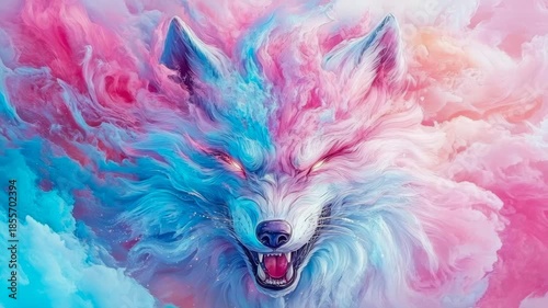 Ferocious Spirit Wolf Head Emerging from Swirling Pink and Blue Fluid Abstract Nebula Cloud Form