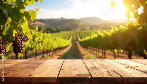 A sun-drenched vineyard scene with rows of vines leading towards rolling hills under a bright sky. A wooden table sits in the foreground