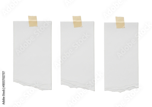 Three blank torn paper notes with tape isolated on transparent background