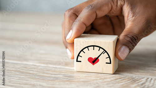 Hand Holding Wooden Cube with Heart Gauge Meter Showing High Level, Close-up Top-Down View