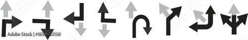 Directional arrow icon set featuring turn, rotate, curve, and navigation symbols in editable EPS vector format, ideal for user interface design, wayfinding systems, traffic guidance graphics, signage 